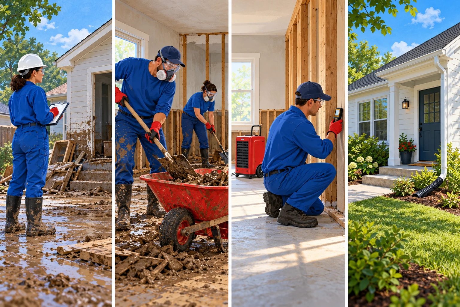 Four illustrated flood recovery scenes: an exterior assessment, a protected crew removing muddy debris, a professional measuring wood moisture, and a home with drainage directed away from its foundation.